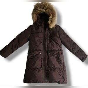 DKNY Down Puffer Trench Parka Trench Fur Trim Brown Womens Size XSmall Winter